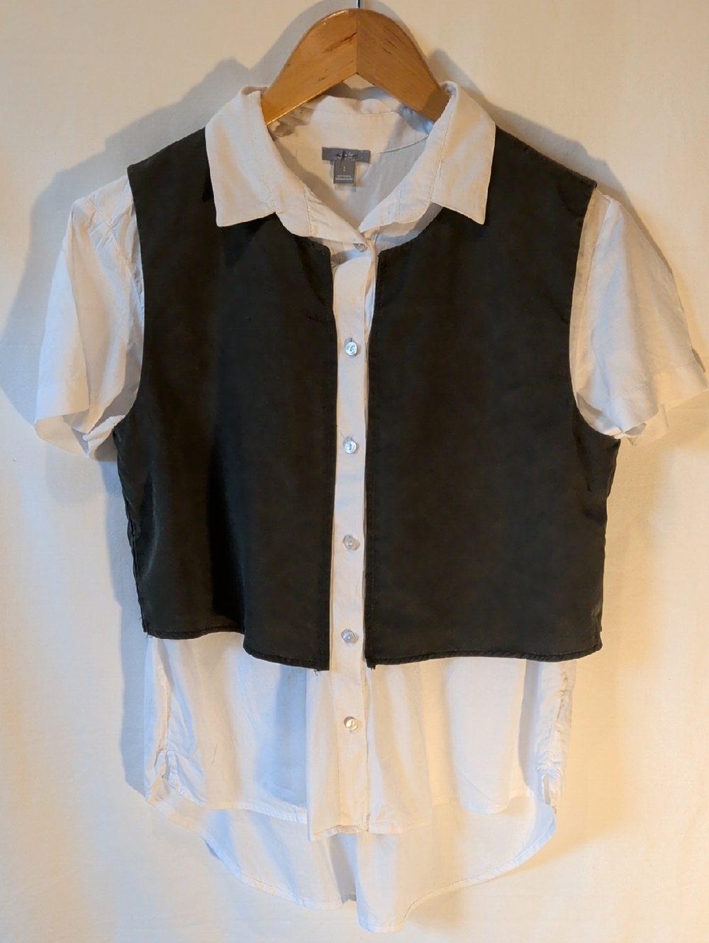 Two-Tone Layered Button-Down Shirt with Dark Green Vest Overlay